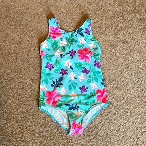 Lands' End Girls One Piece Swimsuit Size 12 Light Teal With Flowers